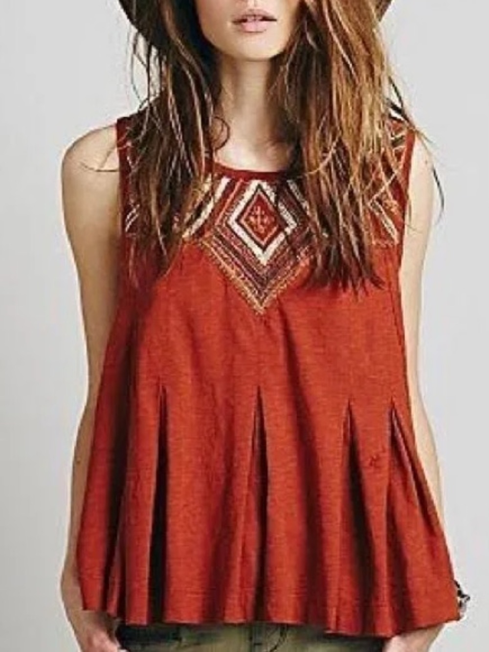 Free People Rust Orange Embroidered Beaded BoHo Sleeveless Top Medium